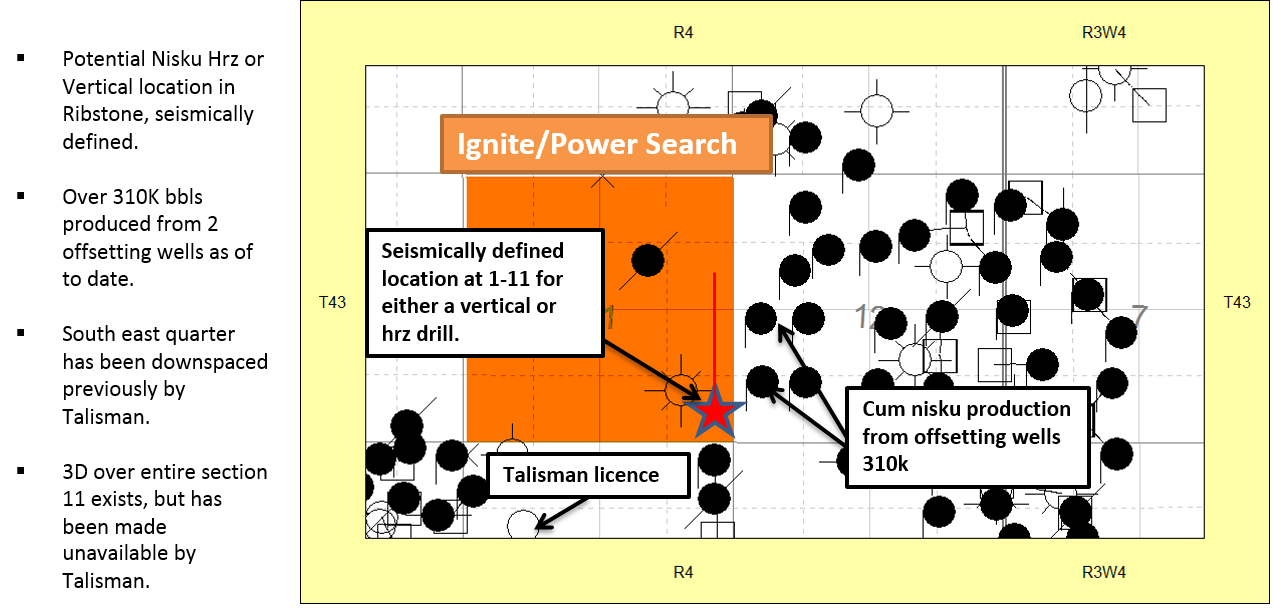 Potential Nisku Hrz or Vertical location in Ribstone,
                                             seismically defined. Over 310K bbls produced from 2 offsetting wells as of to date.
                                             South east quarter has been downspaced previously by Talisman.
                                             3D over entire section 11 exists, but has been made unavailable by Talisman.